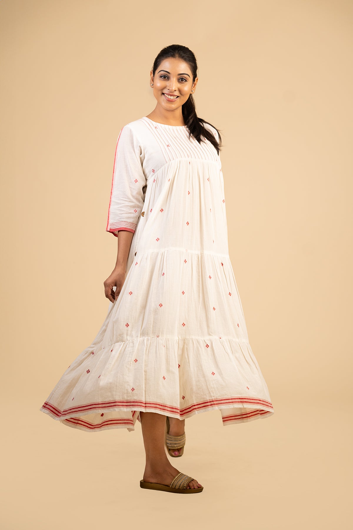 White Pleated Jamdani with red buta