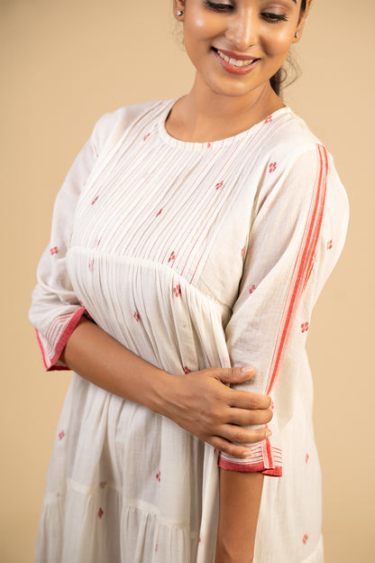 White Pleated Jamdani with red buta