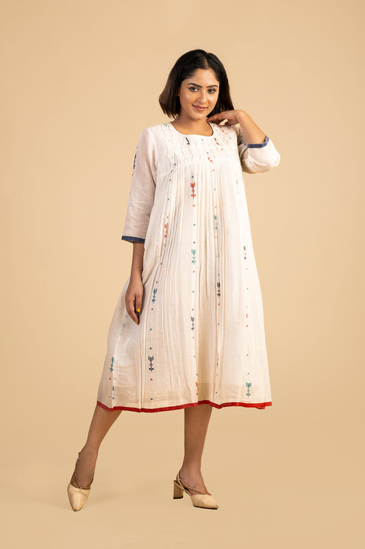 White short yoke smocked jamdani dress