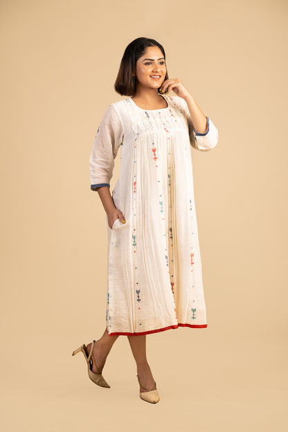 White short yoke smocked jamdani dress