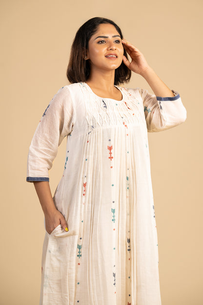 White short yoke smocked jamdani dress