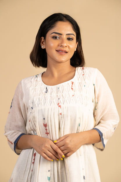White short yoke smocked jamdani dress