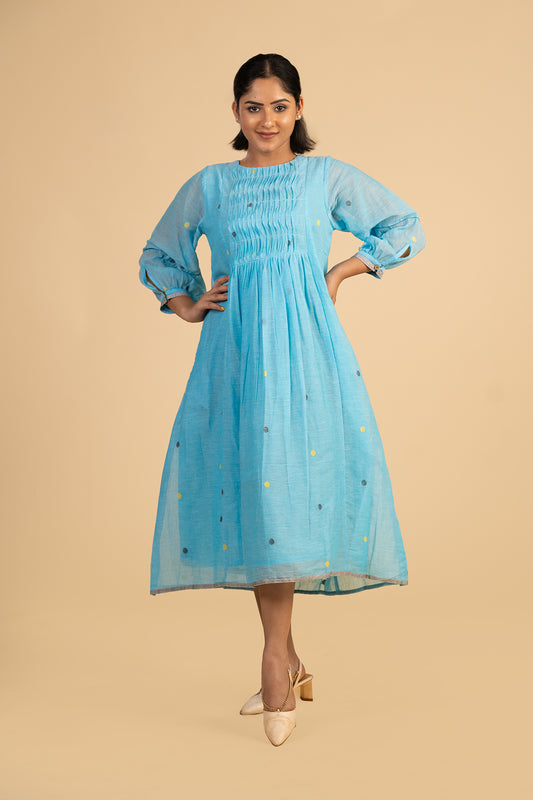 Blue polka jamdani with smocked yoke