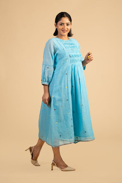 Blue polka jamdani with smocked yoke