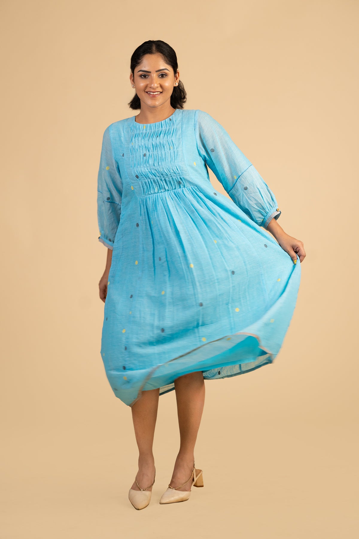 Blue polka jamdani with smocked yoke