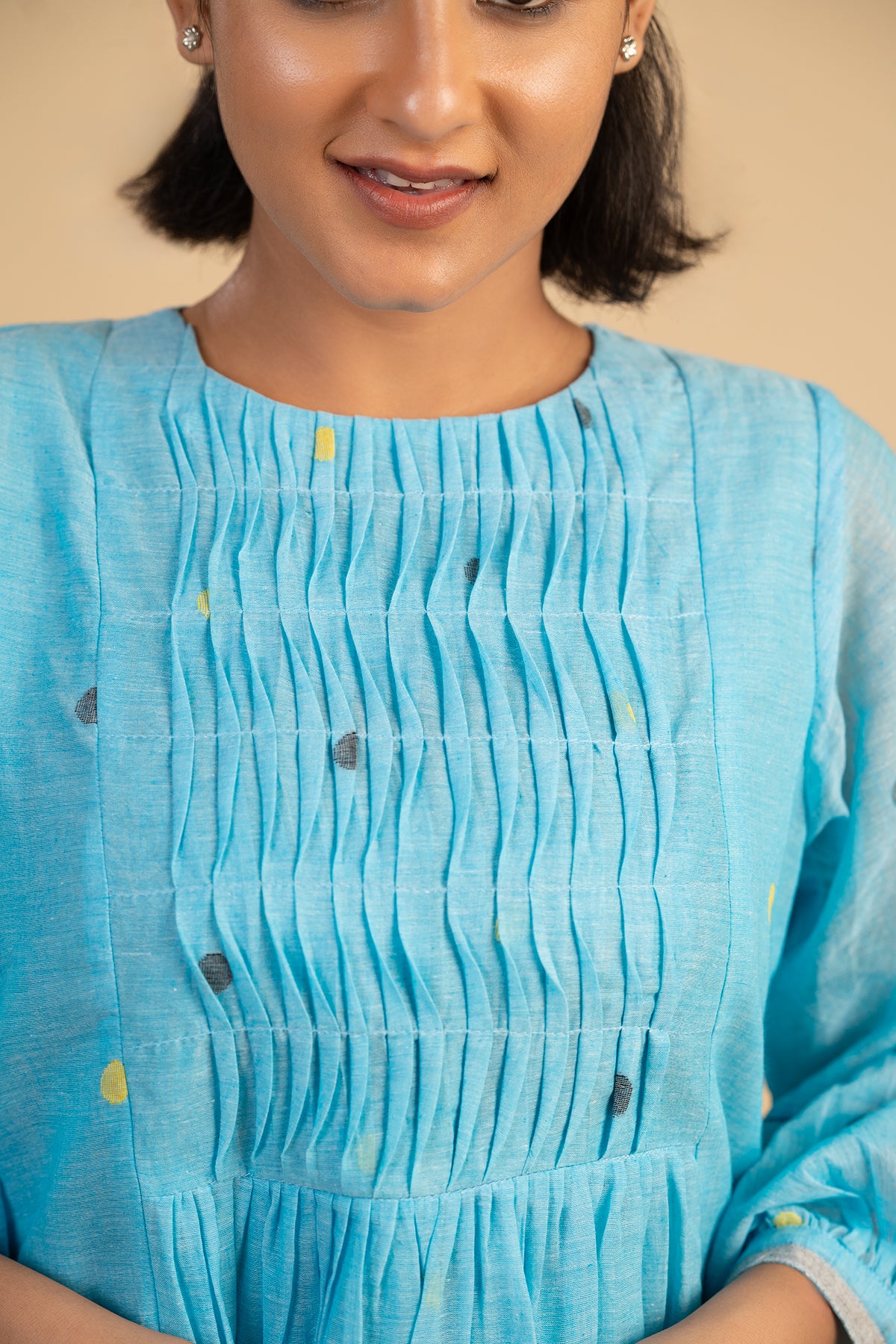 Blue polka jamdani with smocked yoke