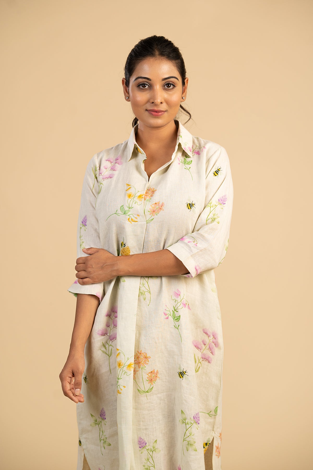 Honey bee shirt dress with inverted pleat