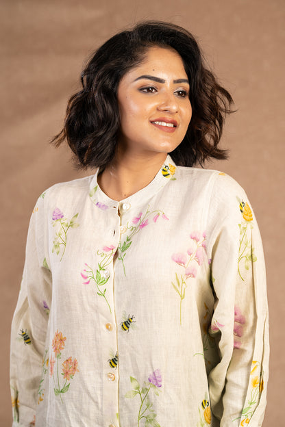 Honey bee mandarin collar shirt dress with pants