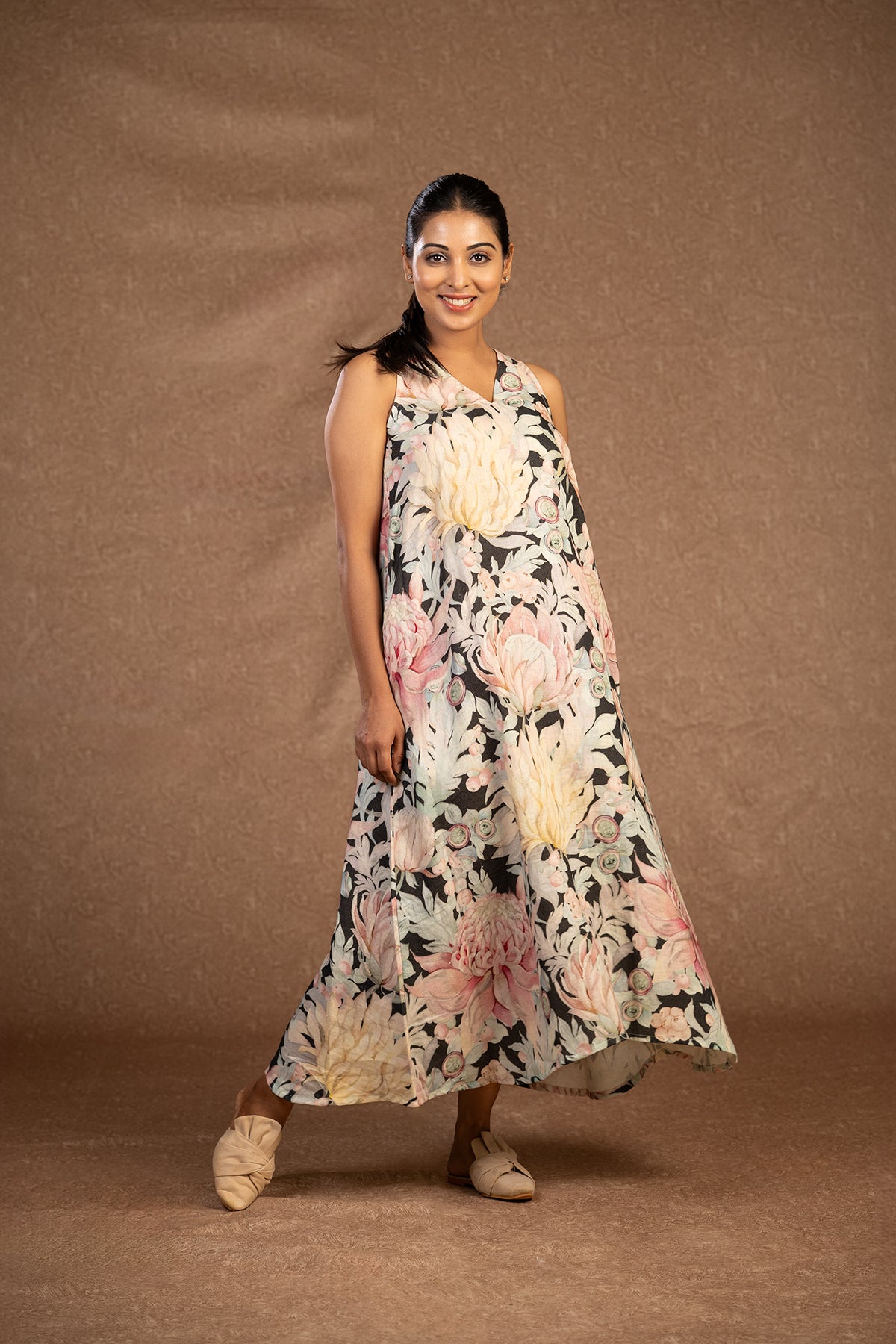 Australian flower sleeveless linen dress