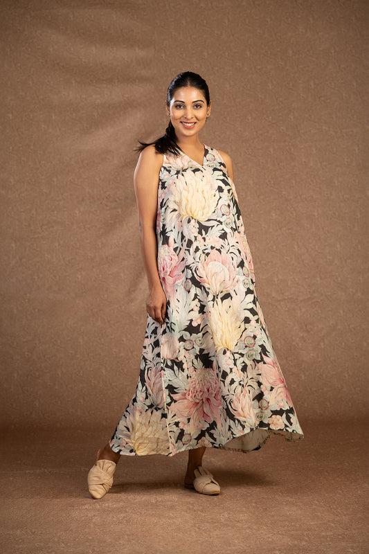 Australian flower sleeveless linen dress
