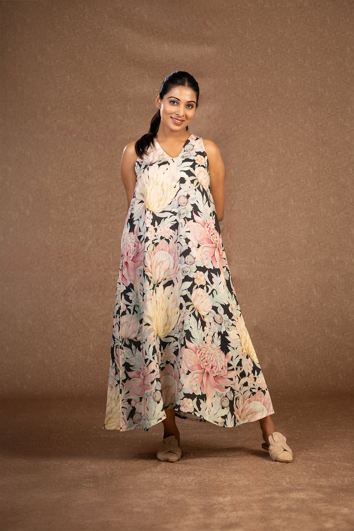 Australian flower sleeveless linen dress