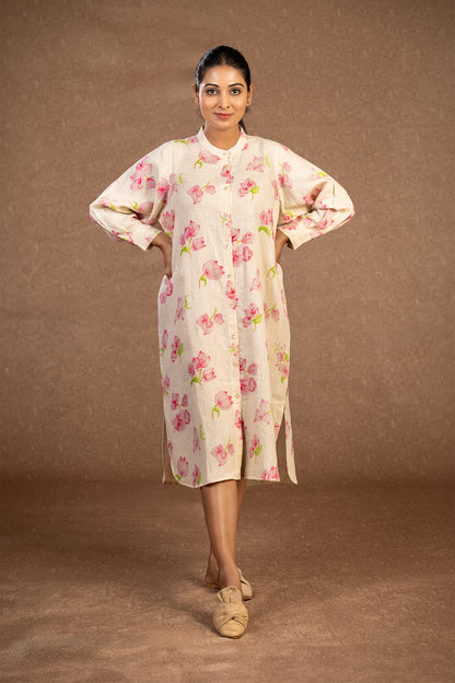 Bougainville mandarin collared off white shirt dress