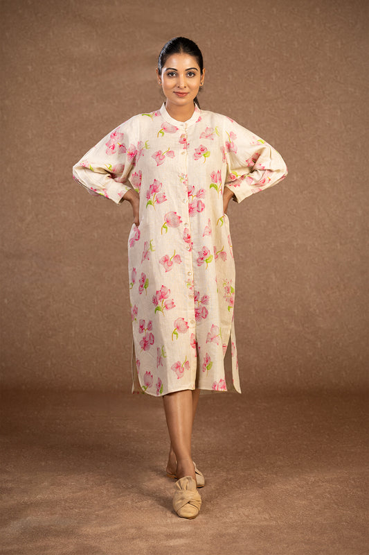 Bougainville mandarin collared off white shirt dress