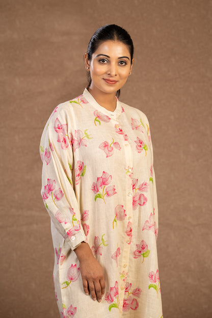 Bougainville mandarin collared off white shirt dress with pants