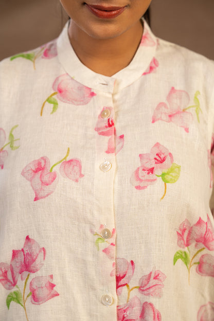 Bougainville mandarin collared off white shirt dress with pants