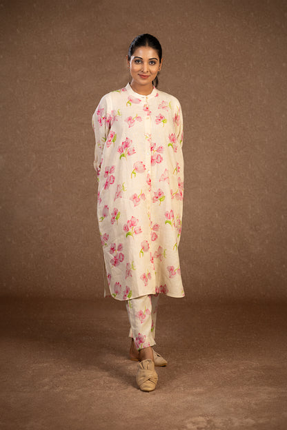 Bougainville mandarin collared off white shirt dress with pants