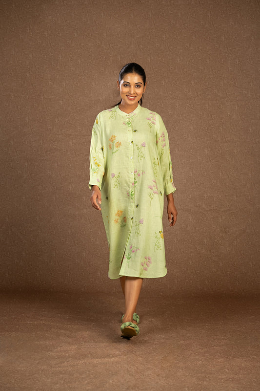 Sage green linen shirt dress