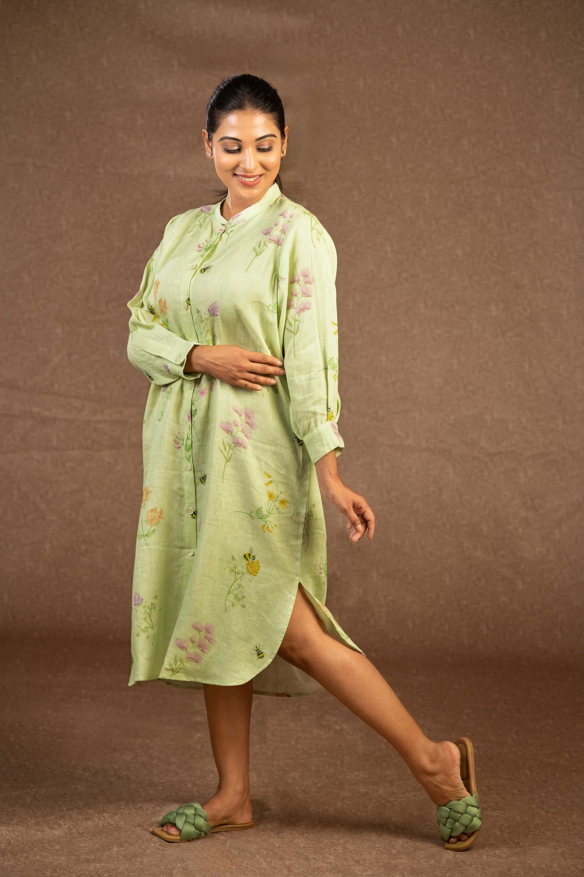 Sage green linen shirt dress