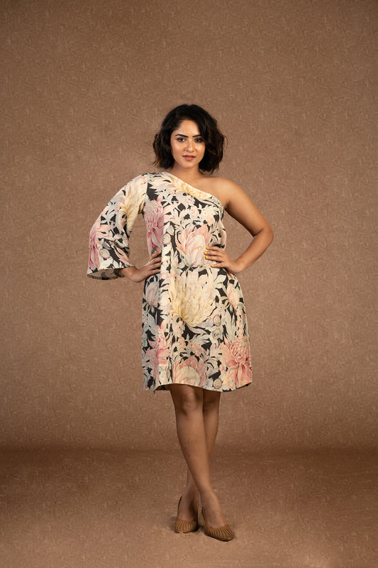 Australian flower linen one shoulder dress