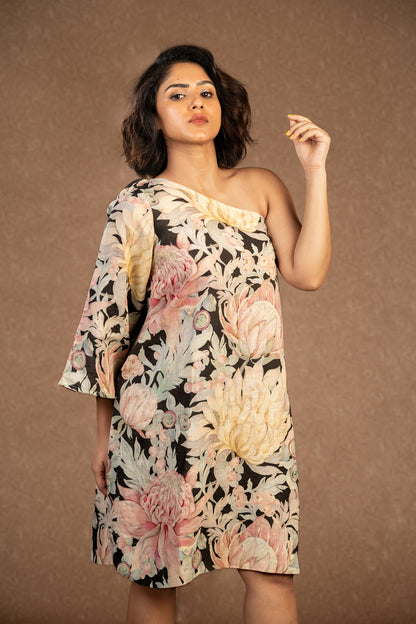 Australian flower linen one shoulder dress