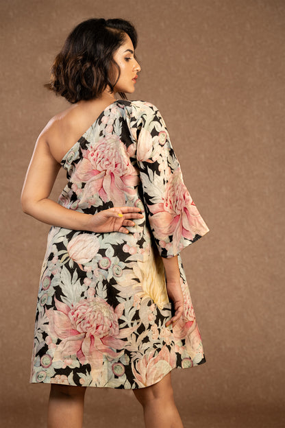 Australian flower linen one shoulder dress