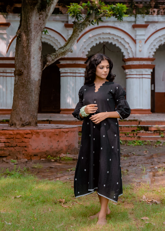 Black Polka scalloped neck dress