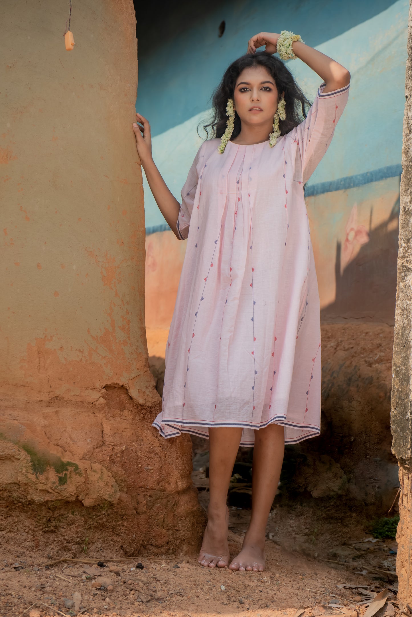 Jamdani Pink Stripes box pleat dress