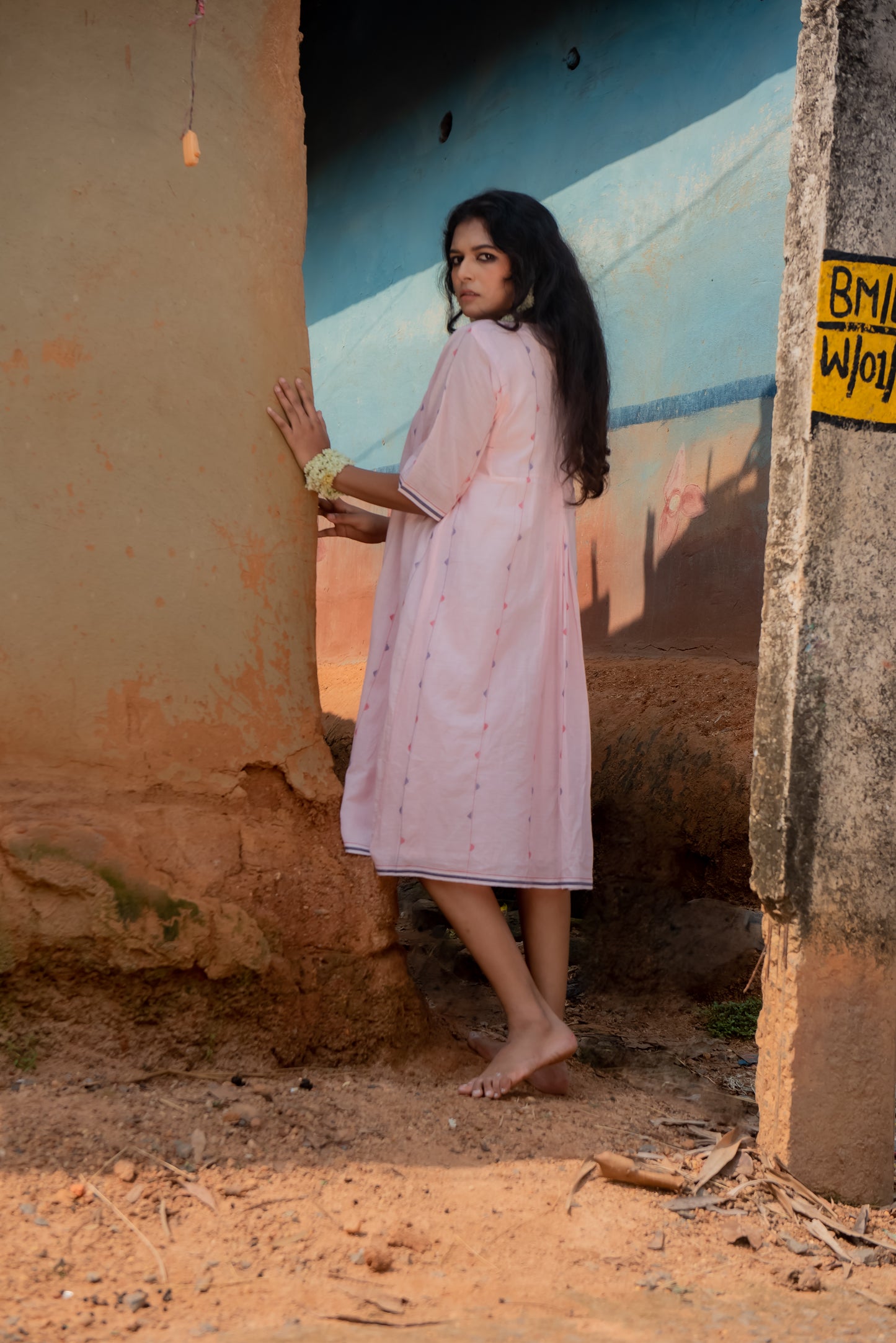 Jamdani Pink Stripes box pleat dress