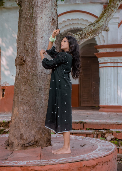 Black Polka scalloped neck dress