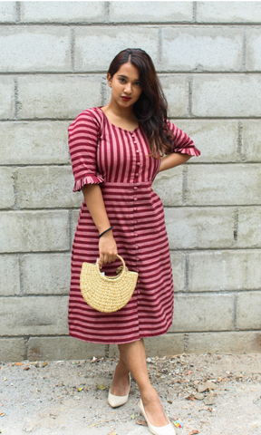 Handwoven Maroon Stripes Midi Dress