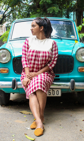 Sianna Maroon Checks Kotpad Midi Dress