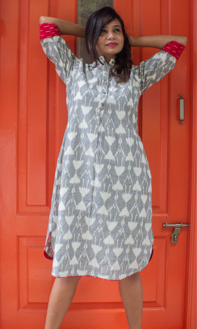 Grey Ikatdress Inverted pleat with red detailing
