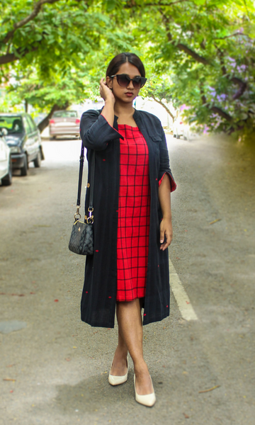 Eclectic Dress Red Buta with black & red checks