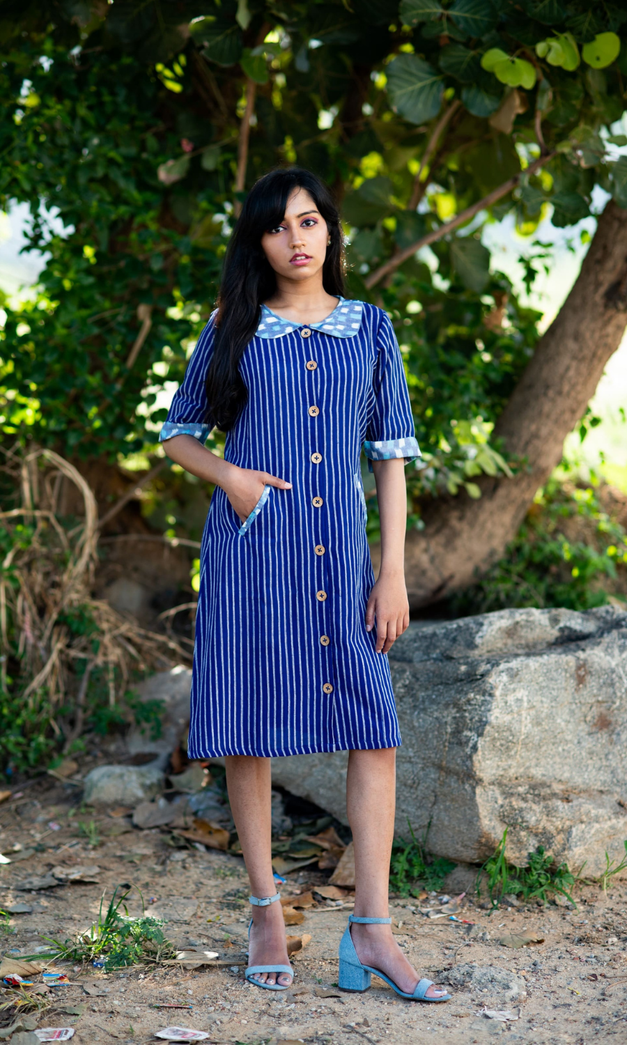 Blue Pinstripe Peter Pan Collar Dress