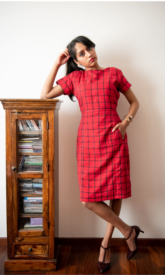 Scarlet Red Black Checks Sheath Dress