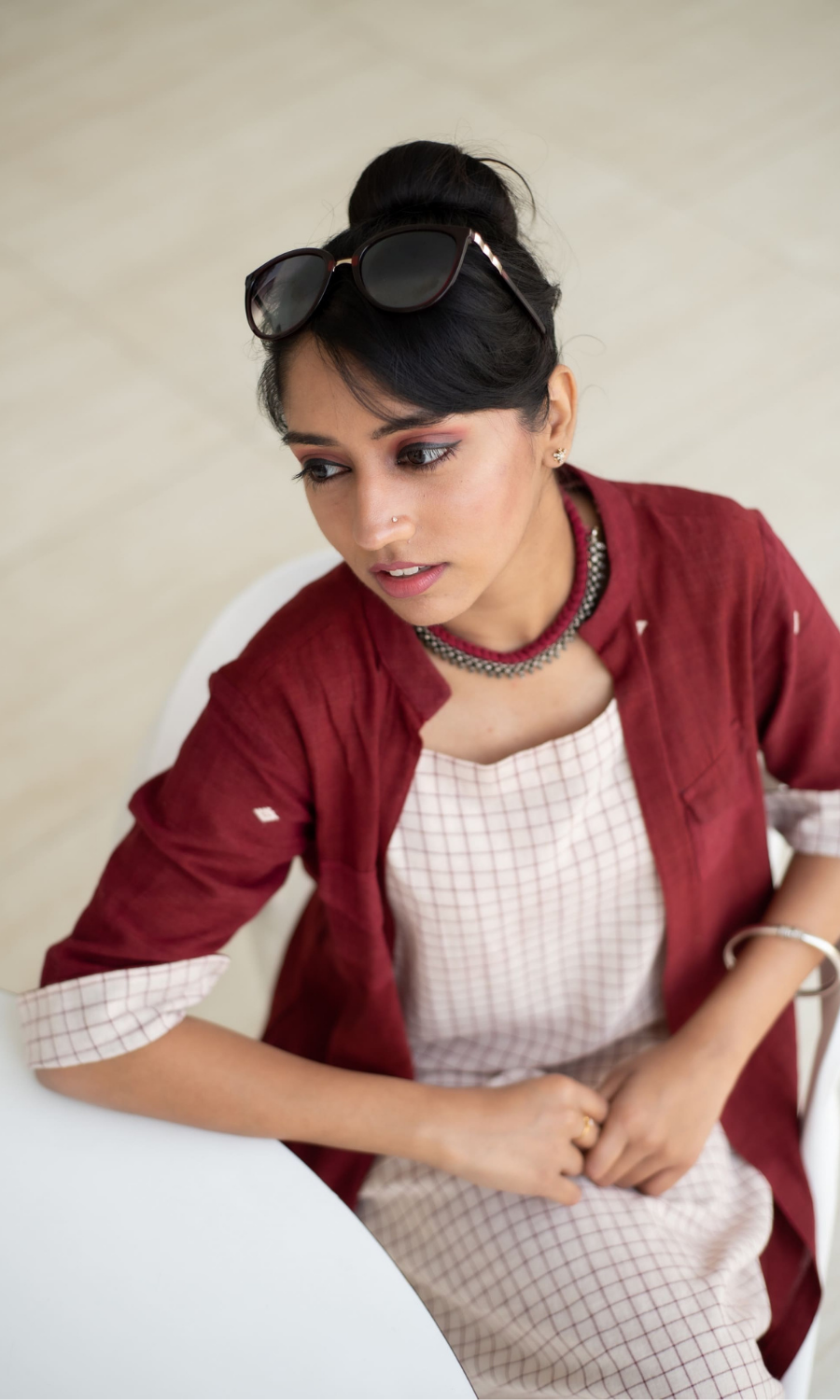 Eclectic Dress Ivory buta with maroon checks