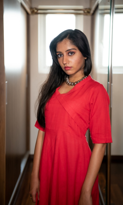 Scarlet Red Kantha Kotpad Long Dress