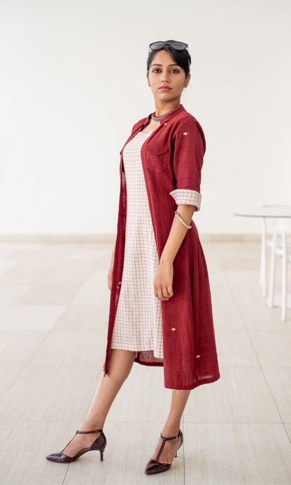 Eclectic Dress Ivory buta with maroon checks