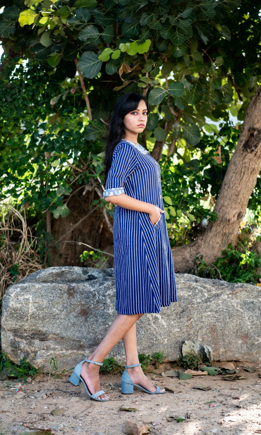 Blue Pinstripe Peter Pan Collar Dress