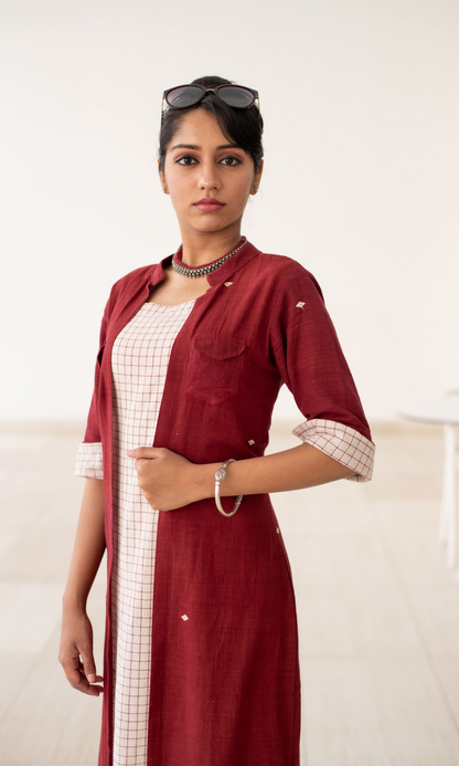 Eclectic Dress Ivory buta with maroon checks