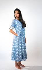 Blue Ikat Inverted box pleat Long Dress