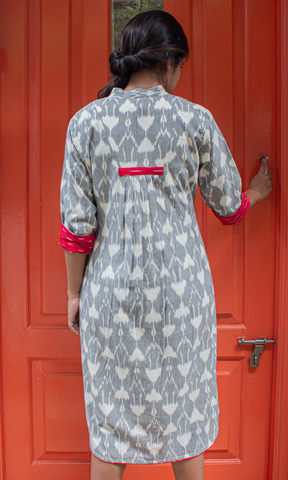 Grey Ikatdress Inverted pleat with red detailing