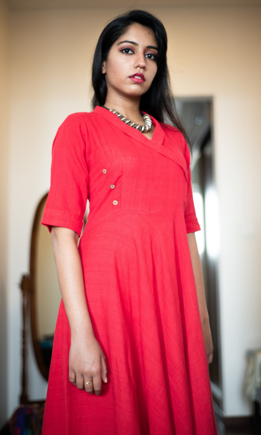 Scarlet Red Kantha Kotpad Long Dress