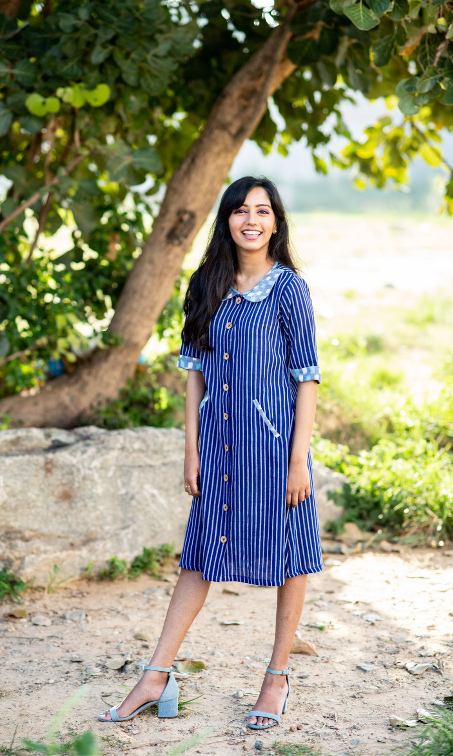 Blue Pinstripe Peter Pan Collar Dress