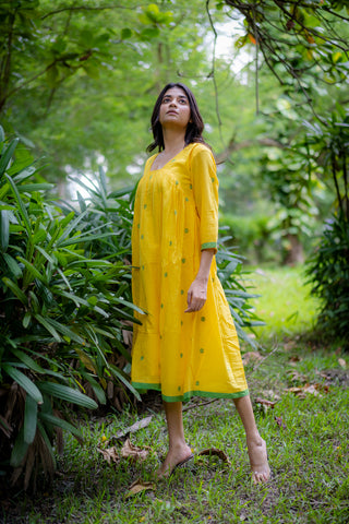 Yellow Bucket Neck Jamdani Dress