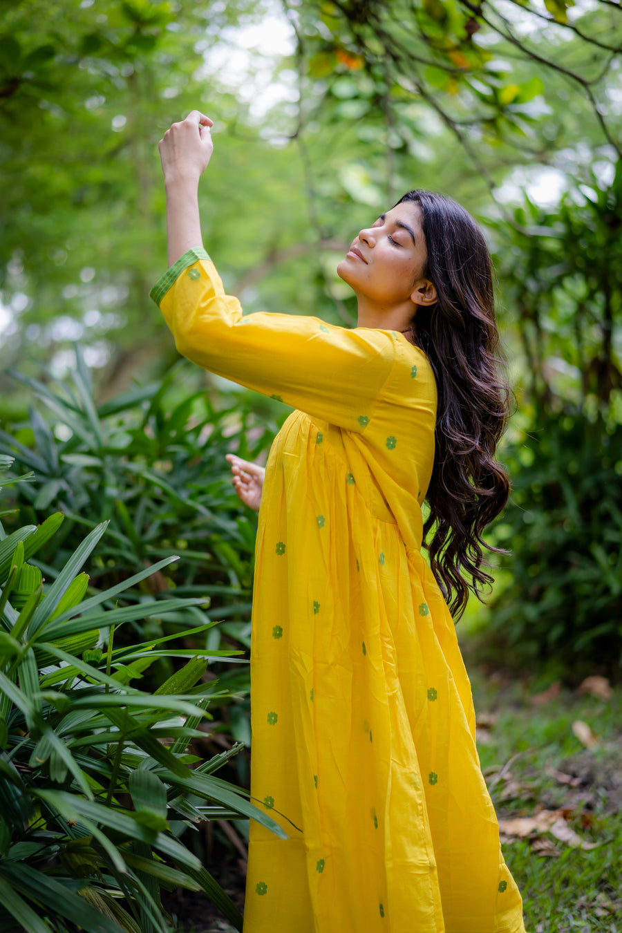 Yellow Bucket Neck Jamdani Dress