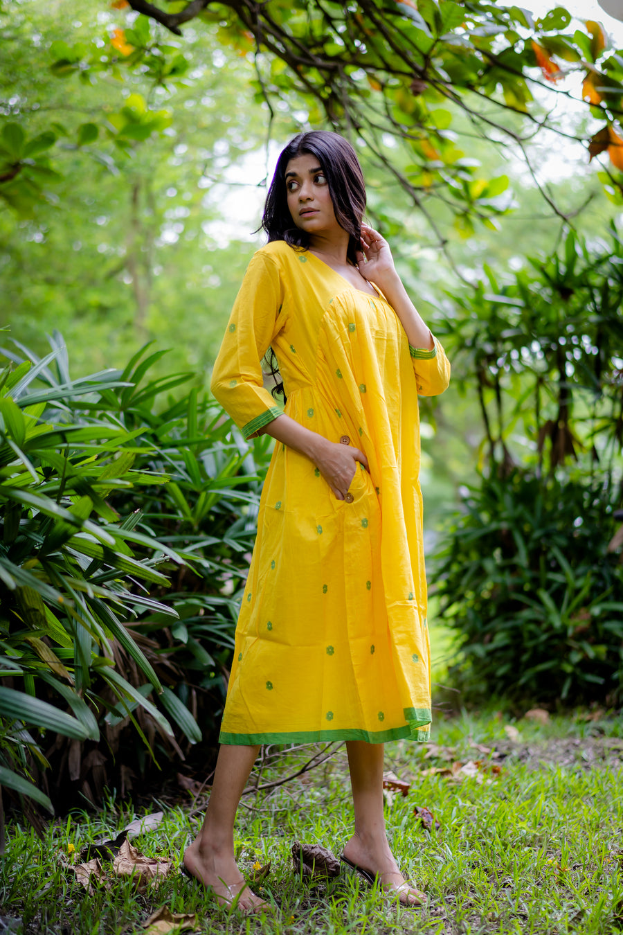 Yellow Bucket Neck Jamdani Dress