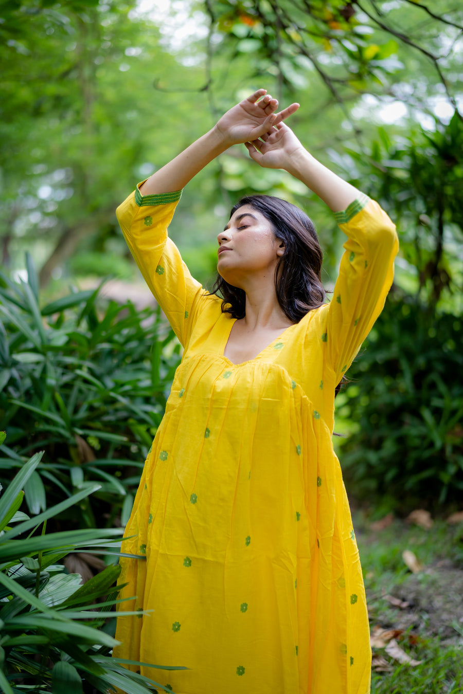 Yellow Bucket Neck Jamdani Dress