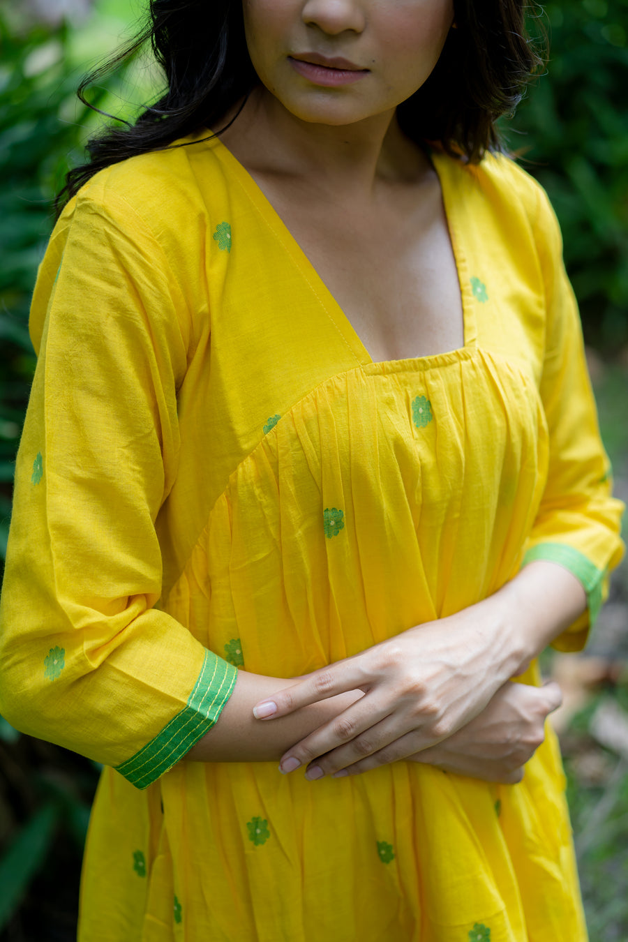 Yellow Bucket Neck Jamdani Dress