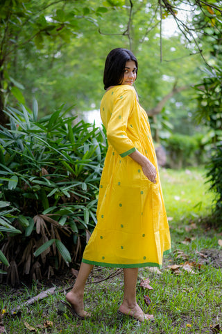 Yellow Bucket Neck Jamdani Dress